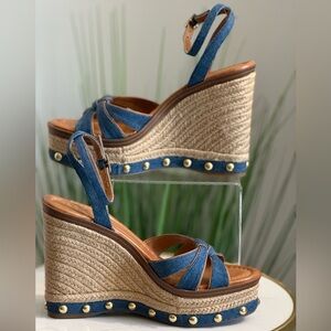 Vince Camuto Denim Studded Platform Espadrille Wedges NIB